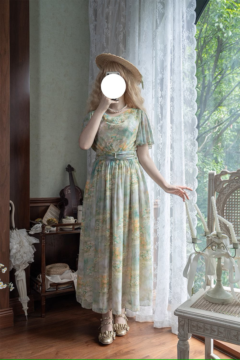 【予約販売】Elegance Greek 油彩画風プリントフレアスリーブジャンパースカート