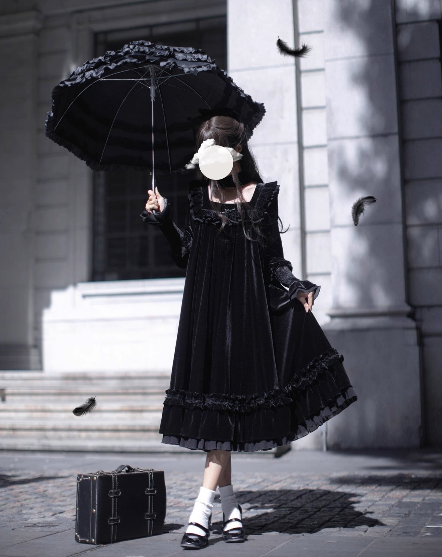 Black swan velvet frill dress