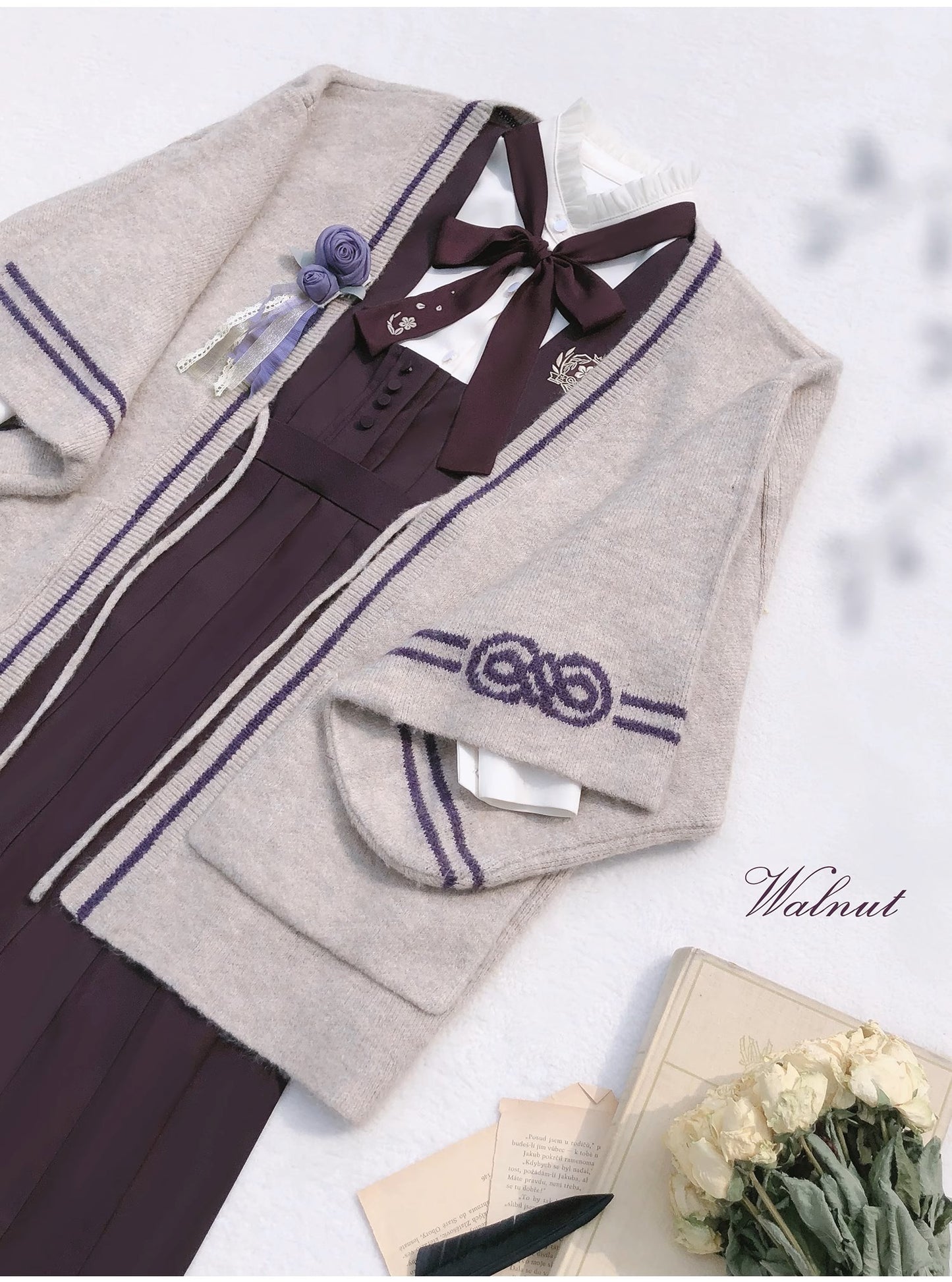 和風深紫のジャンパースカートとブラウス・羽織・リボンタイ・コサージュ単品