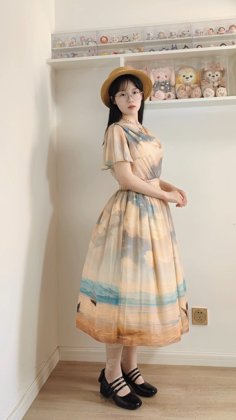 【予約販売】Elegance Greek 油彩画風プリントフレアスリーブジャンパースカート