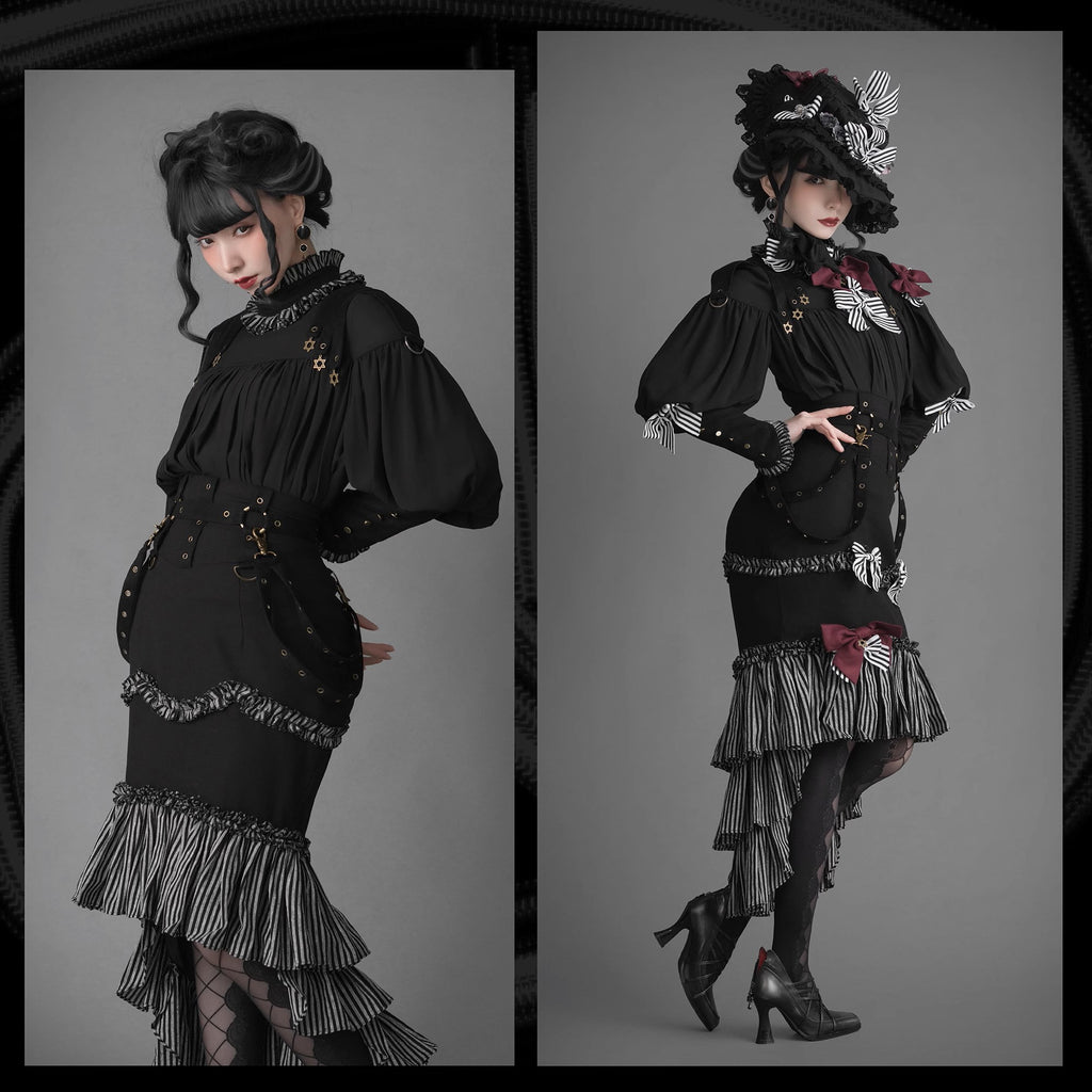 【予約販売】ブラック＆ストライプ レトロフィッシュテイルスカートとブラウス