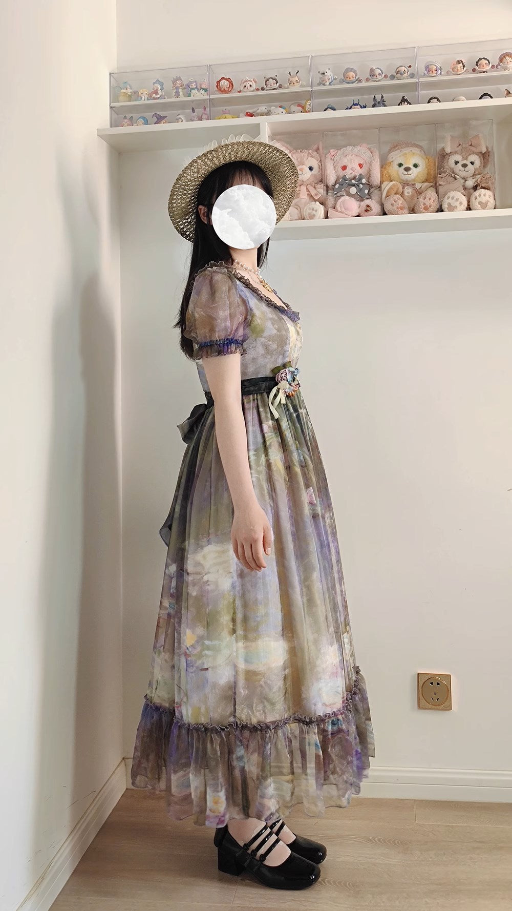 【予約販売】Elegance Greek 油彩画風プリントエンパイアワンピース フリルあり