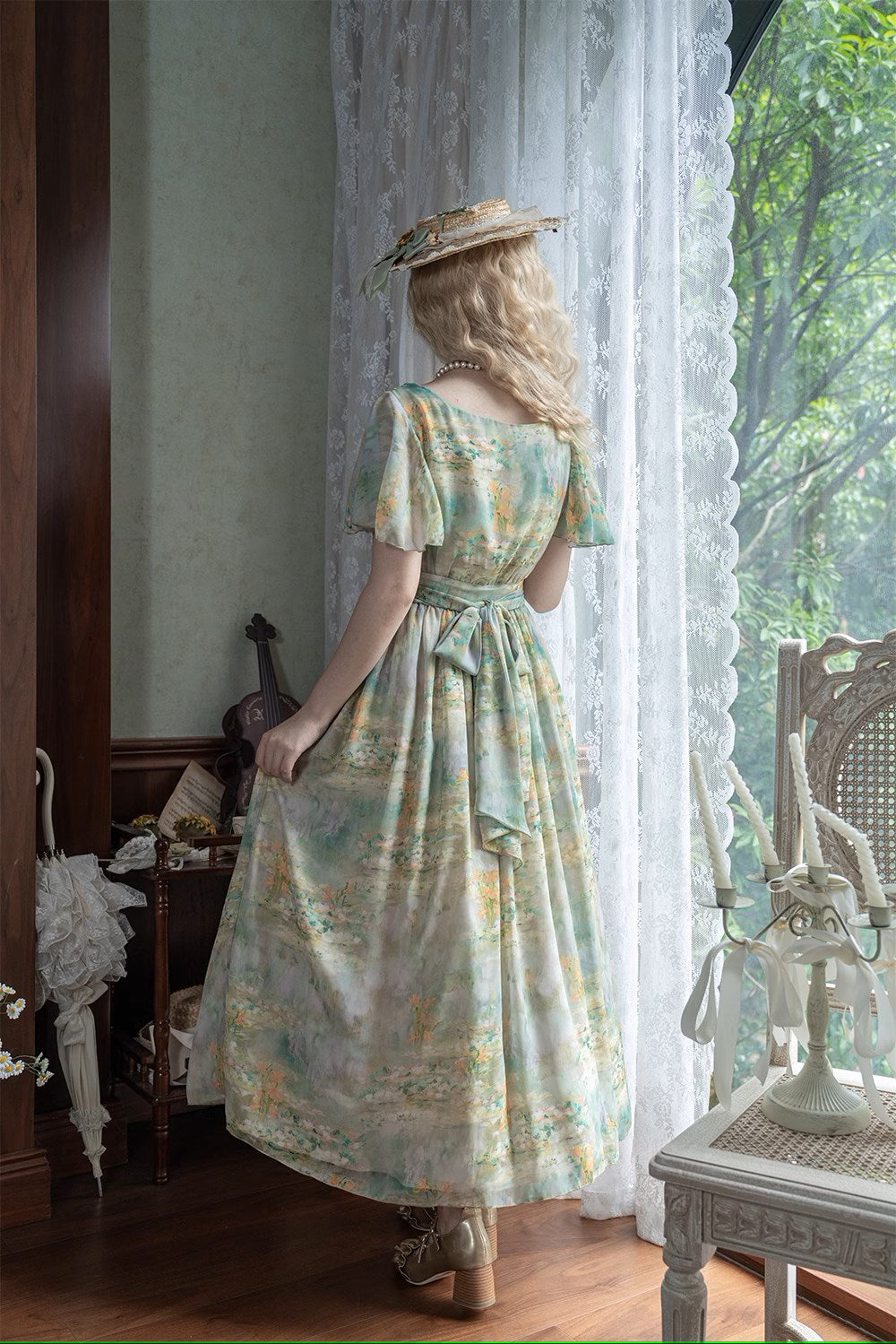 【予約販売】Elegance Greek 油彩画風プリントフレアスリーブジャンパースカート