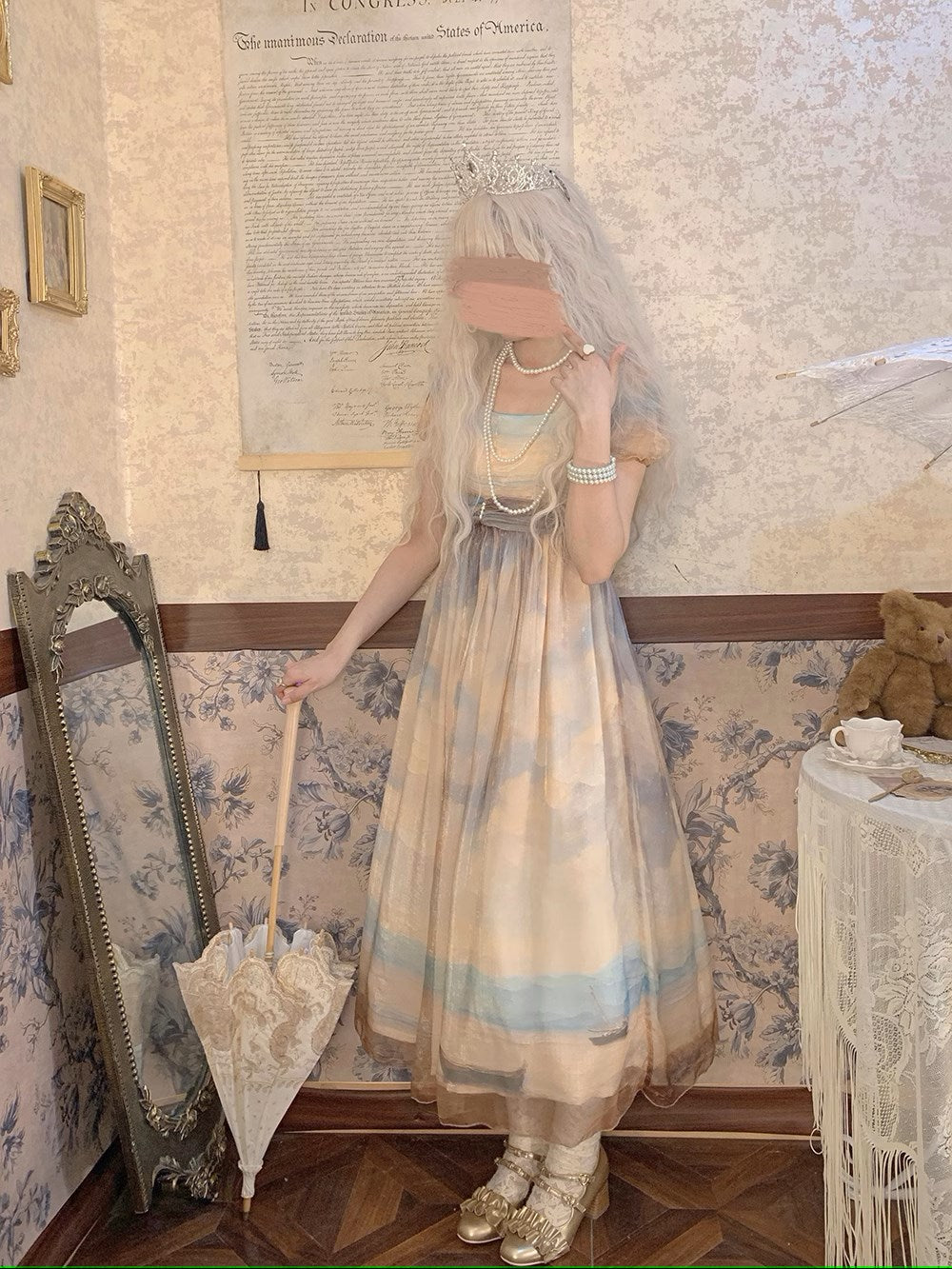 【予約販売】Elegance Greek 油彩画風プリントエンパイアワンピース フリルなし