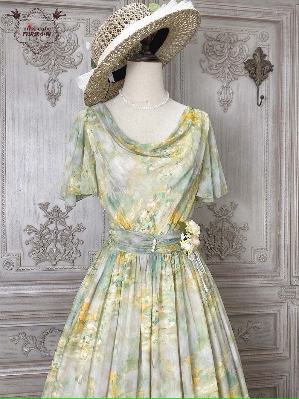【予約販売】Elegance Greek 油彩画風プリントフレアスリーブジャンパースカート