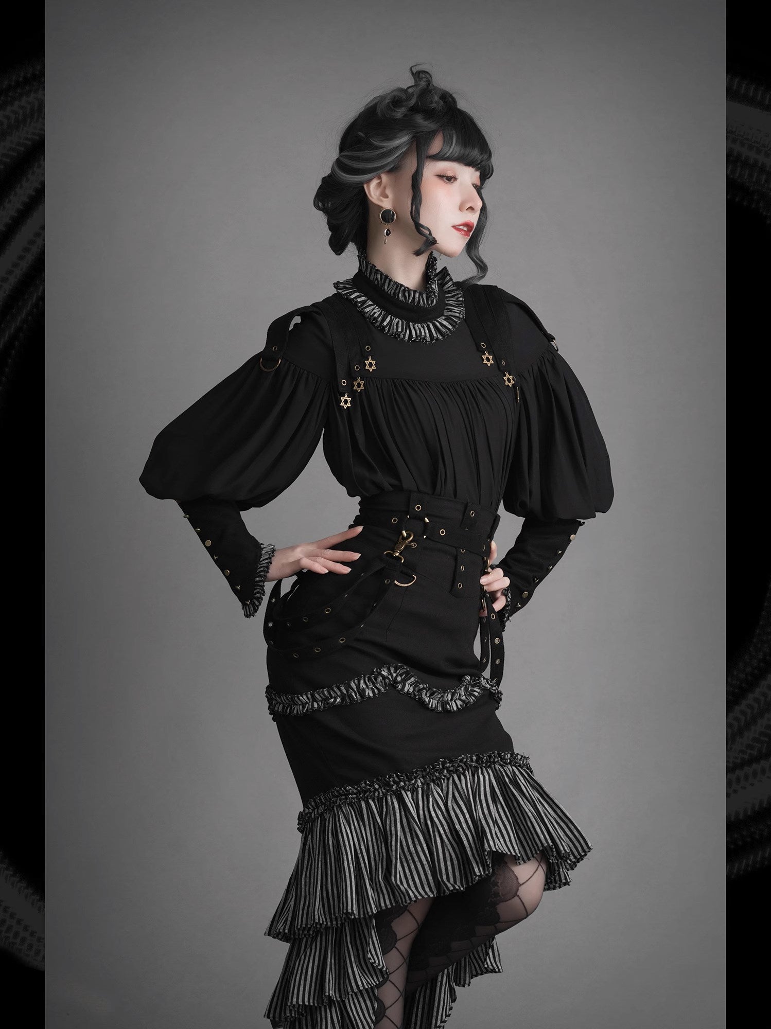 【予約販売】ブラック＆ストライプ レトロフィッシュテイルスカートとブラウス