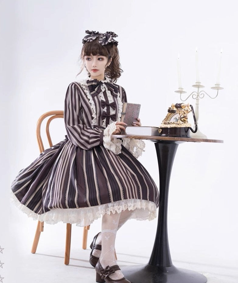Stripes Story ブラウンワンピース リボンのヘアアクセ付