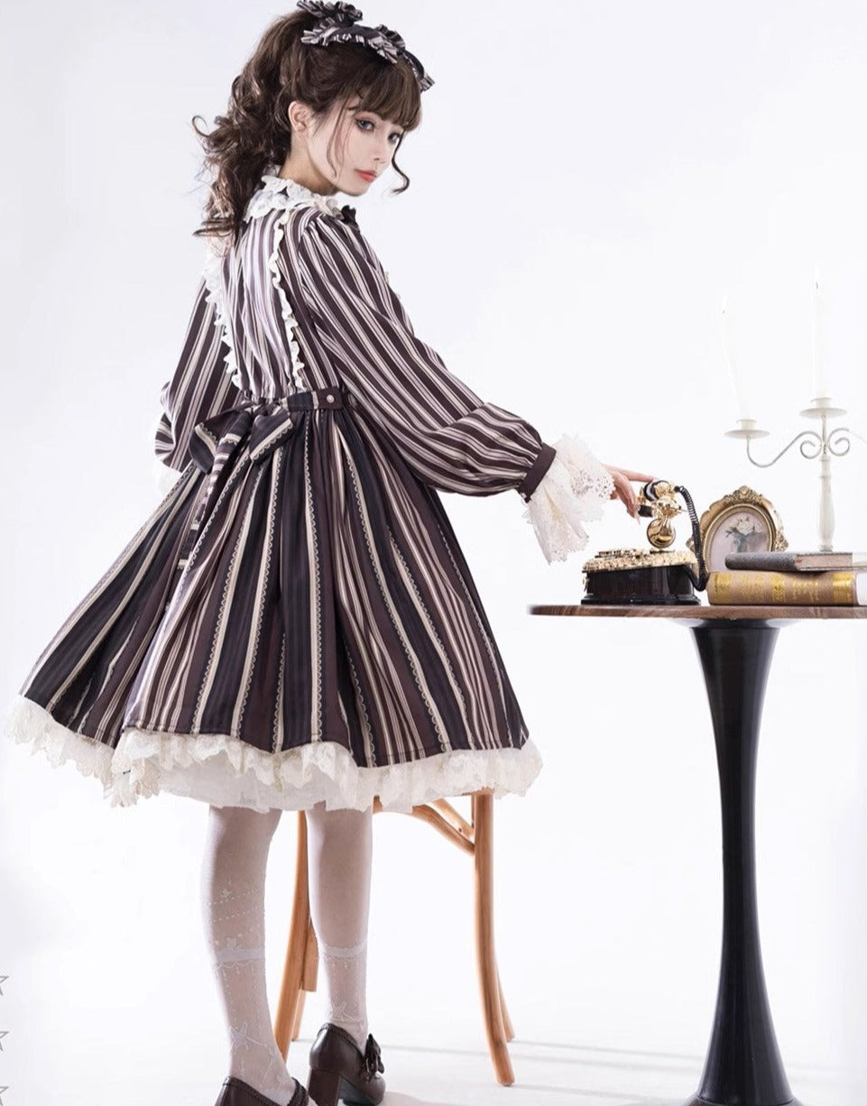 Stripes Story ブラウンワンピース リボンのヘアアクセ付