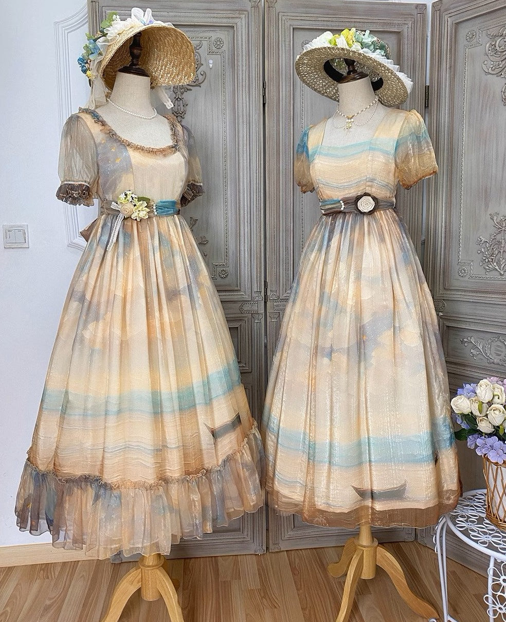 【予約販売】Elegance Greek 油彩画風プリントエンパイアワンピース フリルなし