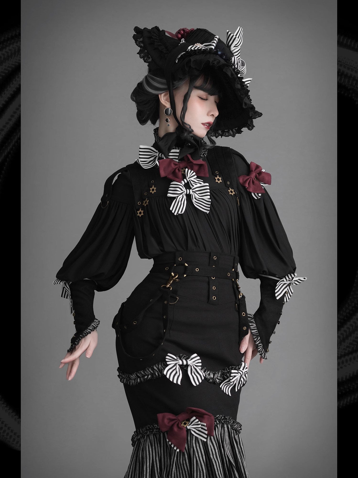 【予約販売】ブラック＆ストライプ レトロフィッシュテイルスカートとブラウス