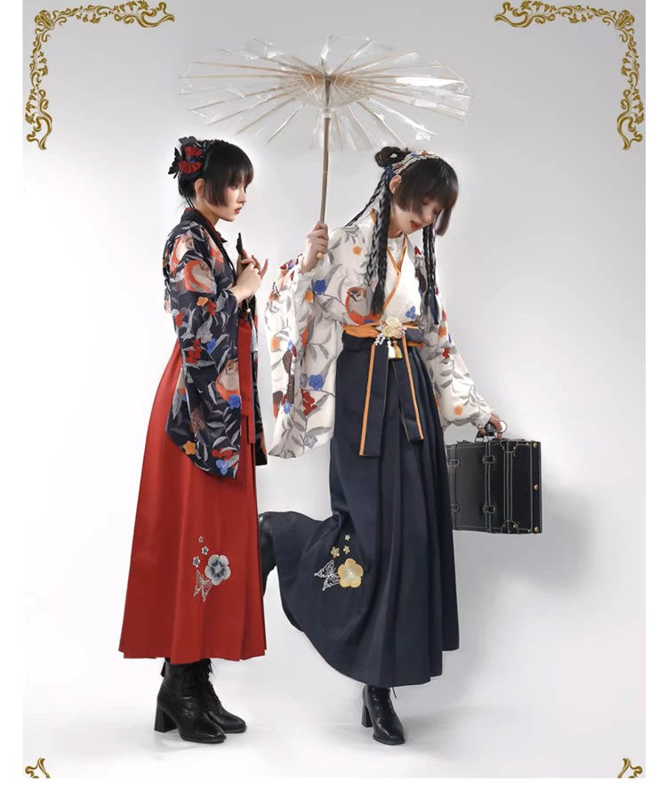 Camellia flower embroidery and butterfly hakama skirt