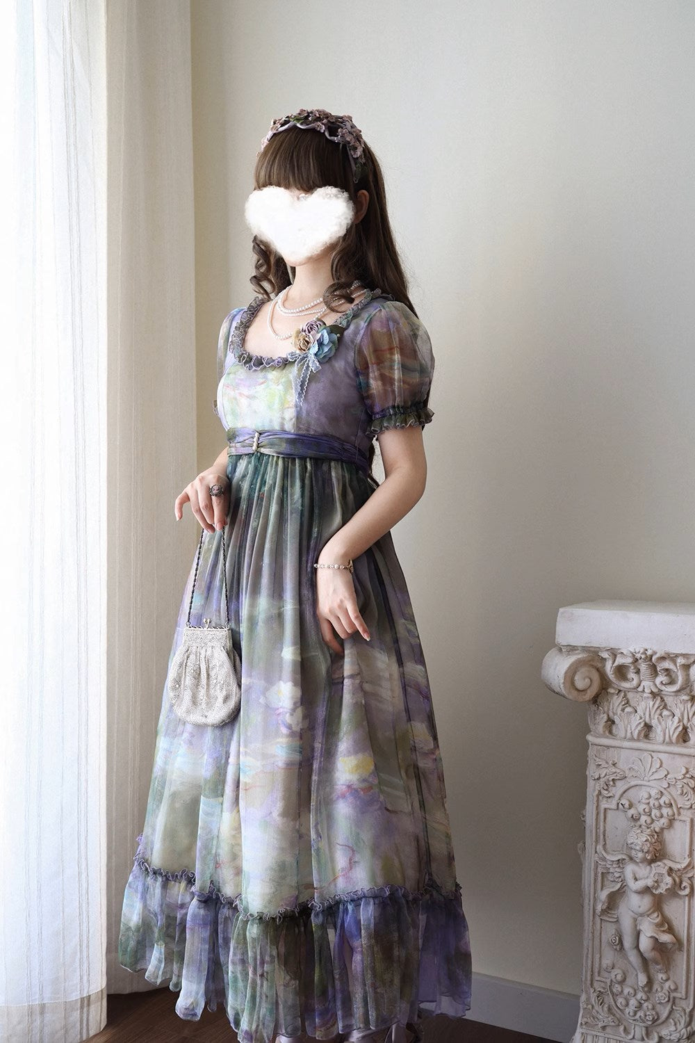 【予約販売】Elegance Greek 油彩画風プリントエンパイアワンピース フリルあり