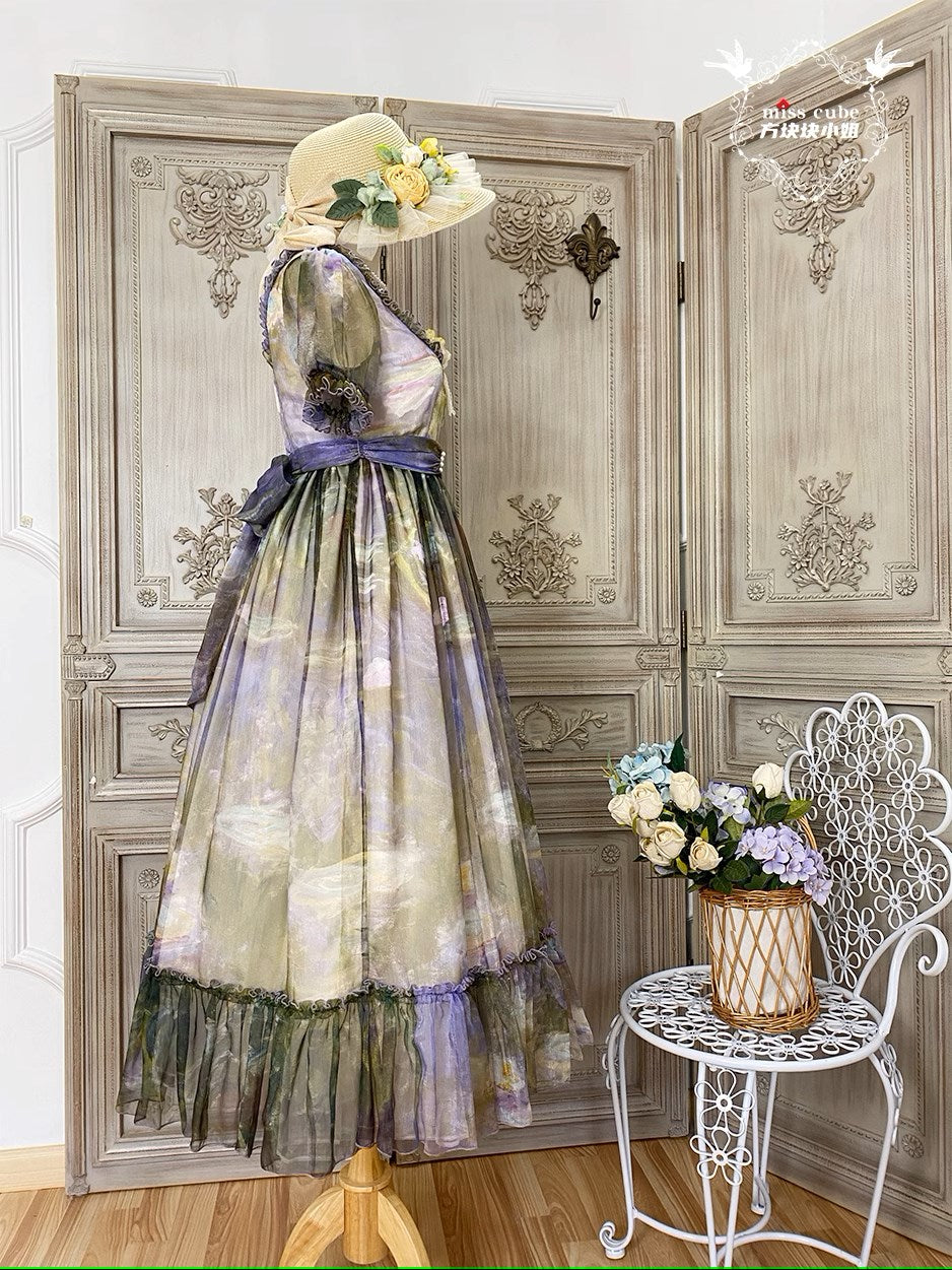 【予約販売】Elegance Greek 油彩画風プリントエンパイアワンピース フリルあり