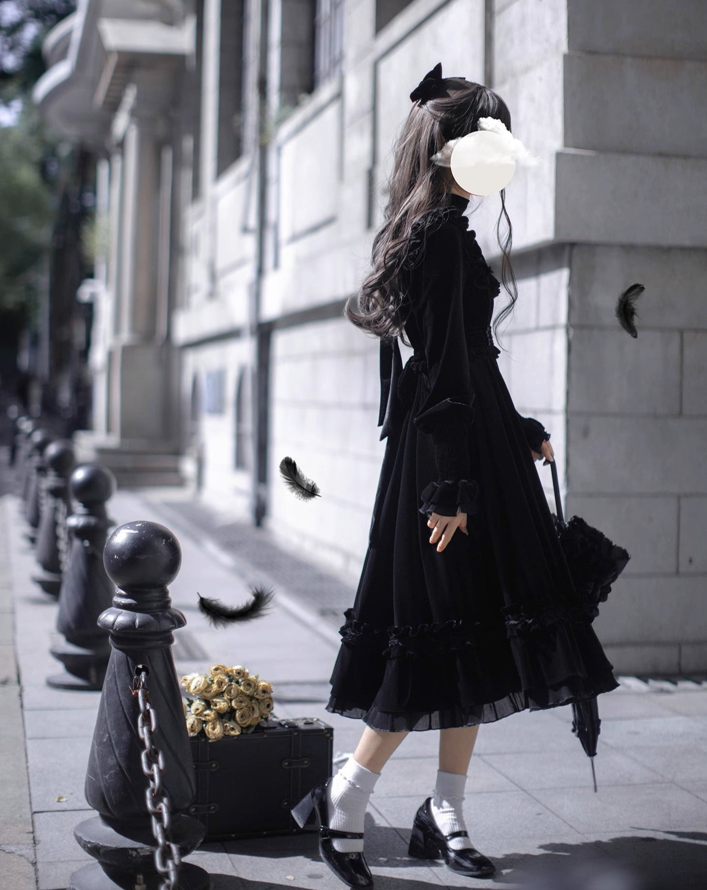 Black swan velvet frill dress