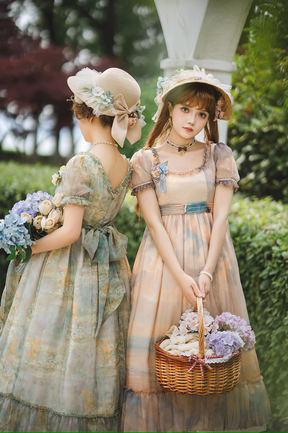 【予約販売】Elegance Greek 油彩画風プリントエンパイアワンピース フリルあり