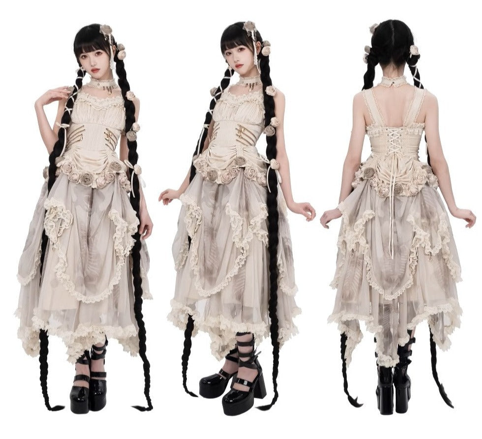 [Sale period ended] Rose Knight III Satin and organdy gothic dress [Champagne]