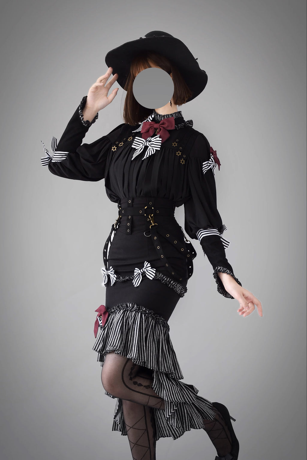 【予約販売】ブラック＆ストライプ レトロフィッシュテイルスカートとブラウス