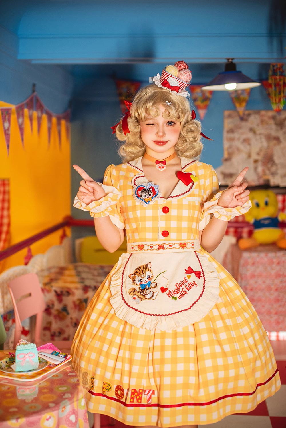 【予約販売】Sweet Kittyレトロカフェ風ワンピース