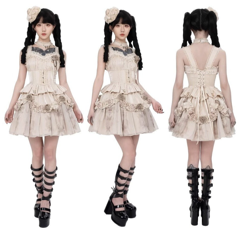 [Sale period ended] Rose Knight III Satin and organdy gothic dress [Champagne]