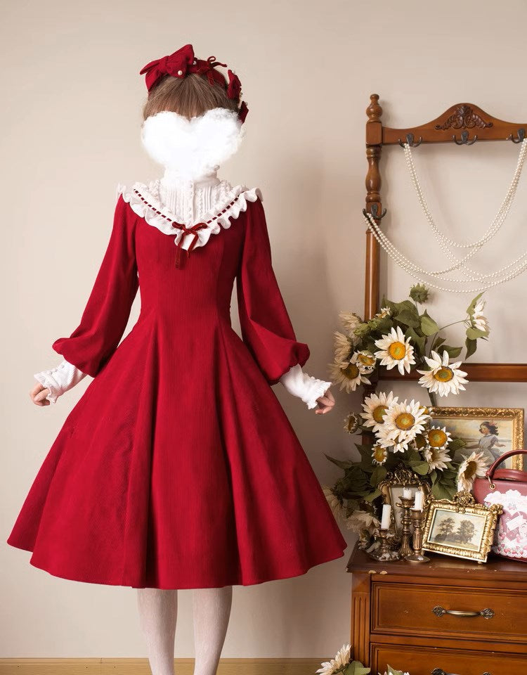 Winter Birch Stand Collar Corduroy Dress