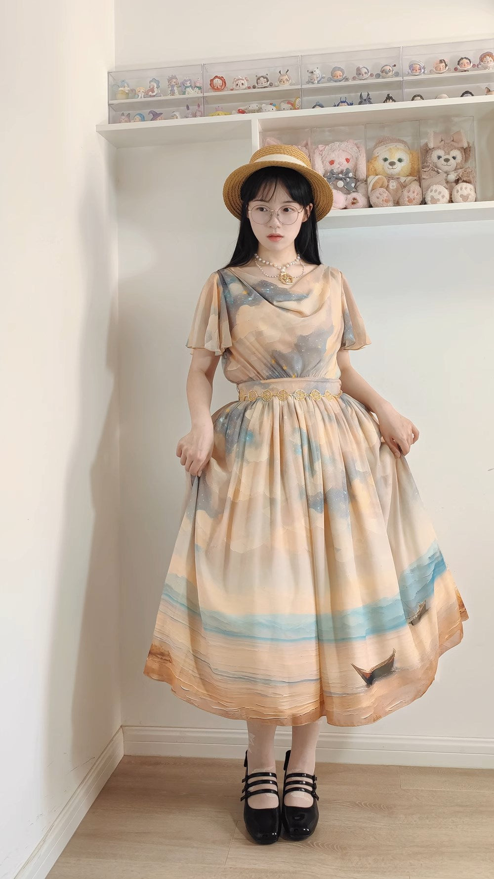 【予約販売】Elegance Greek 油彩画風プリントフレアスリーブジャンパースカート