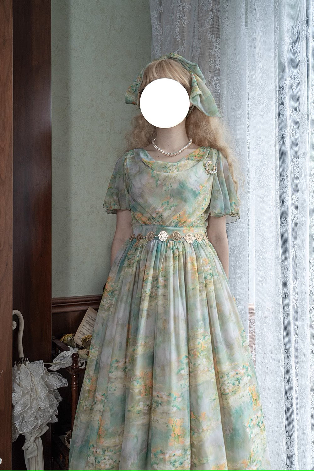 【予約販売】Elegance Greek 油彩画風プリントフレアスリーブジャンパースカート