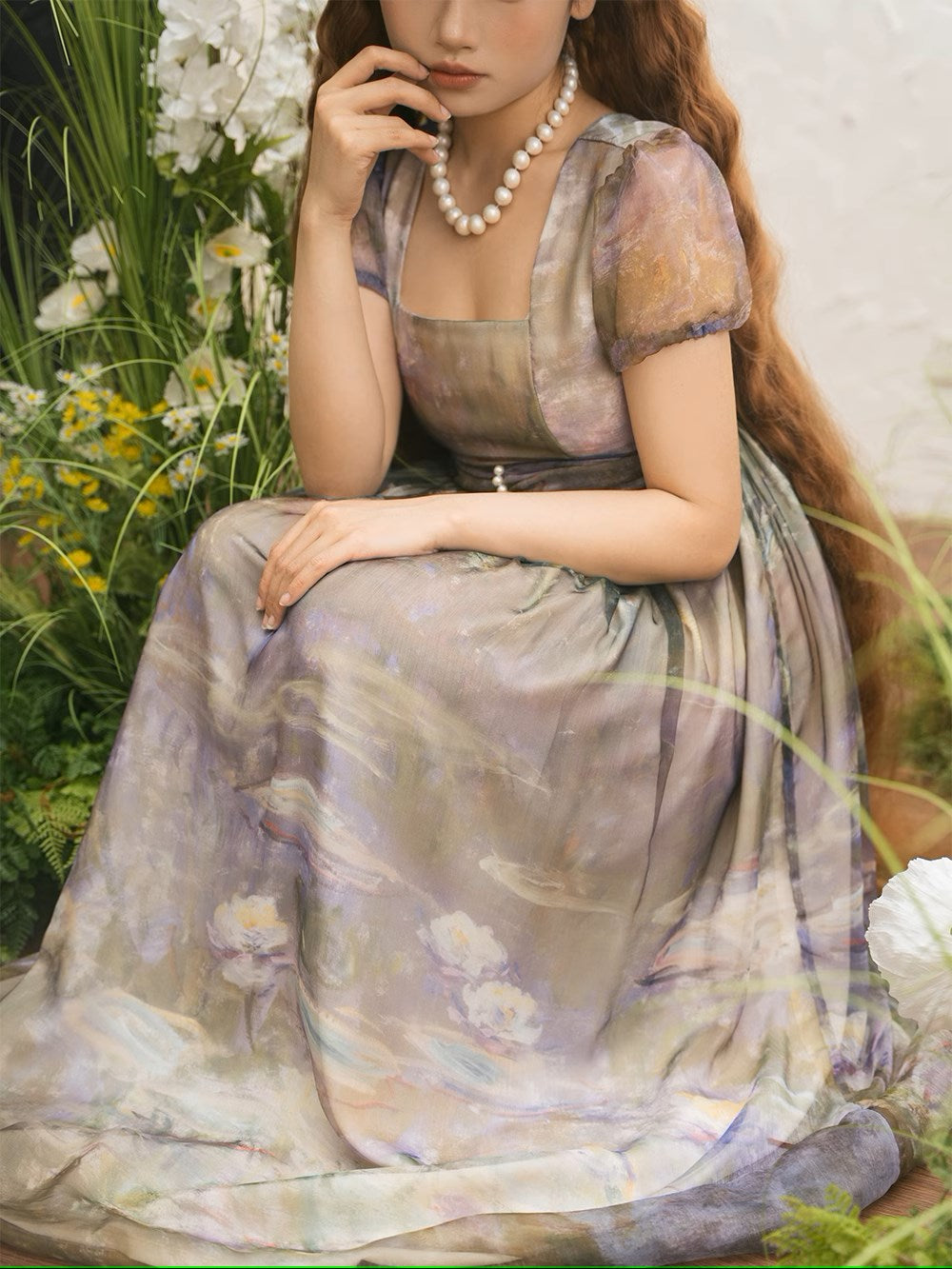 【予約販売】Elegance Greek 油彩画風プリントエンパイアワンピース フリルなし