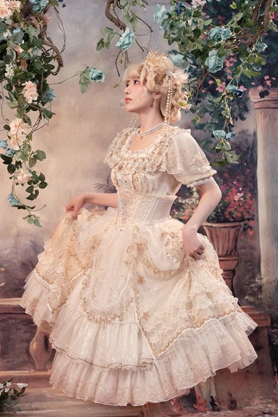 [Pre-orders available until 8/4] Starlight embroidered lace empire dress - Champagne