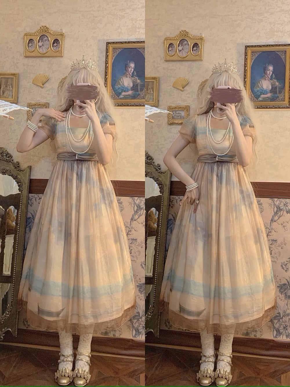 【予約販売】Elegance Greek 油彩画風プリントエンパイアワンピース フリルなし