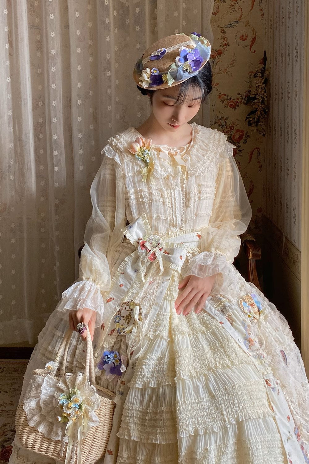 【予約販売】猫の薔薇お茶会 前開きロングスカート ラクジュアリータイプ