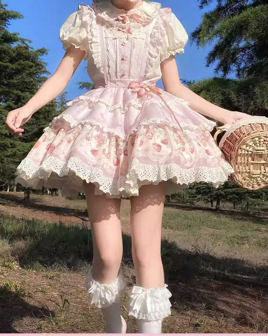 Strawberry Chiffon 胸当て付き三段スカート