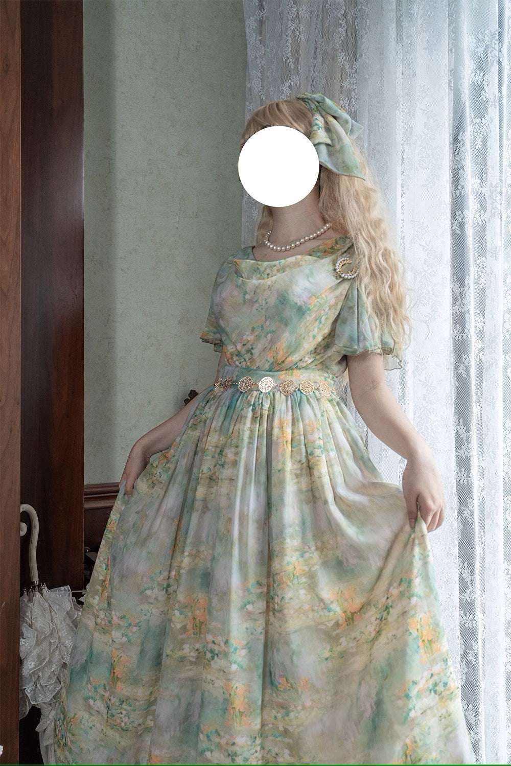 【予約販売】Elegance Greek 油彩画風プリントフレアスリーブジャンパースカート