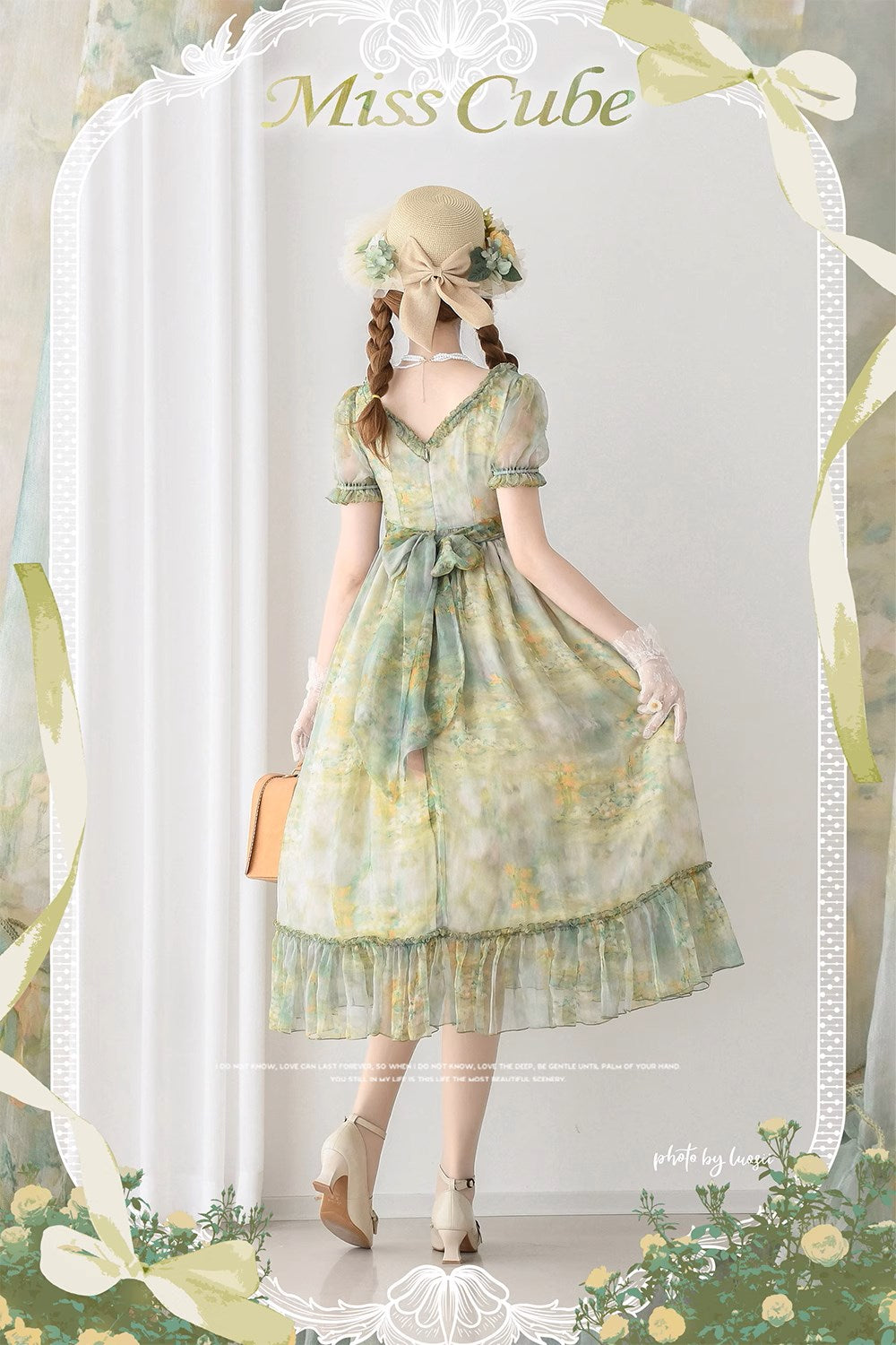 【予約販売】Elegance Greek 油彩画風プリントエンパイアワンピース フリルあり