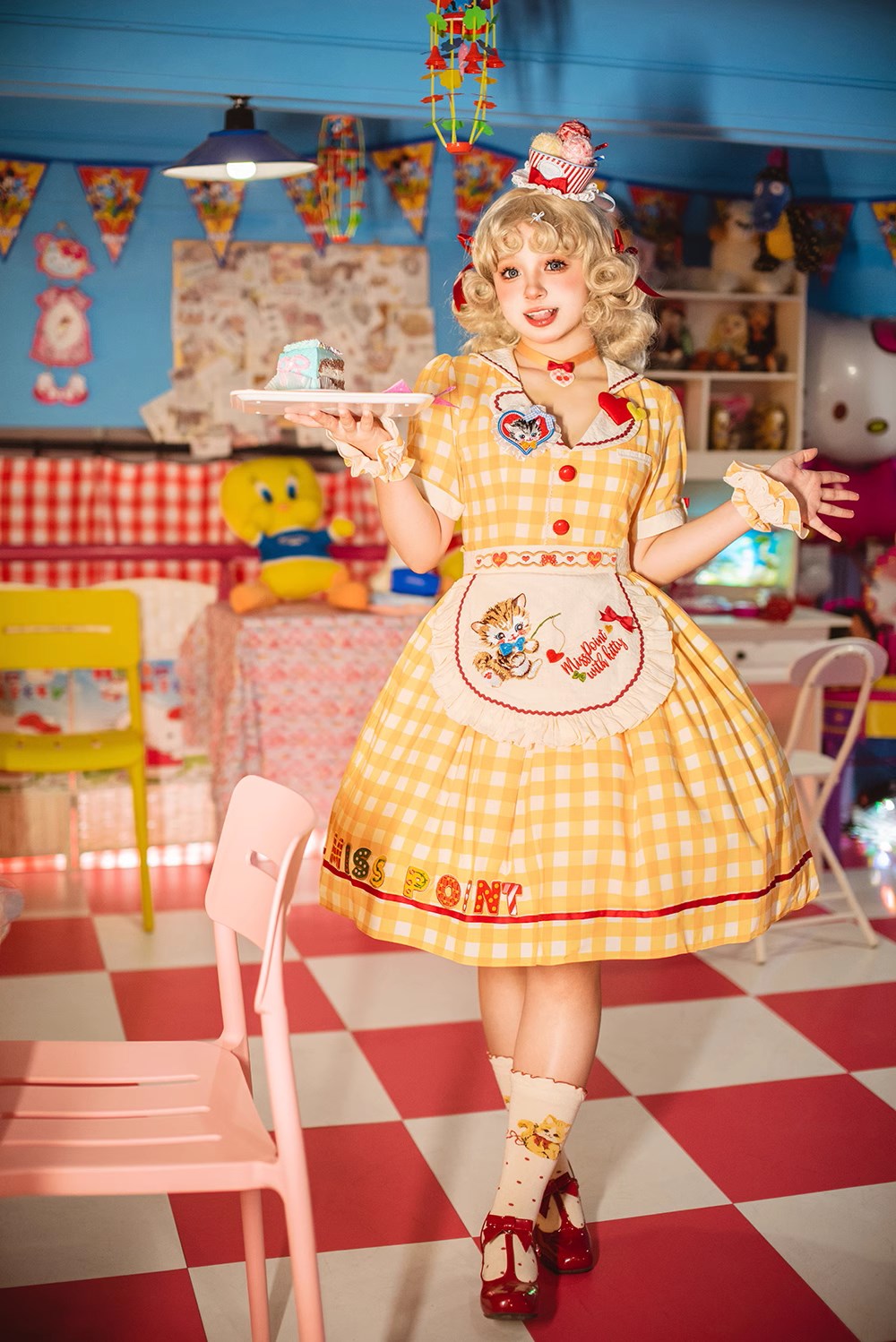 【予約販売】Sweet Kittyレトロカフェ風ワンピース