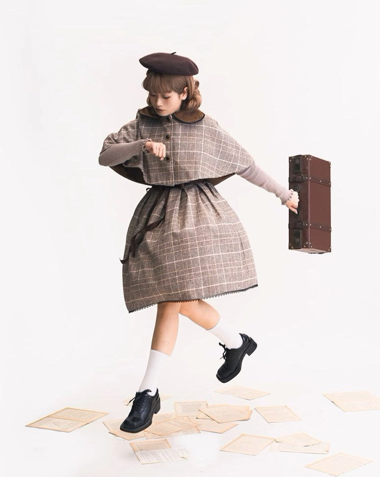 【予約販売】Earl Gray チェックのジャンパースカート・マント・ベレー帽セット