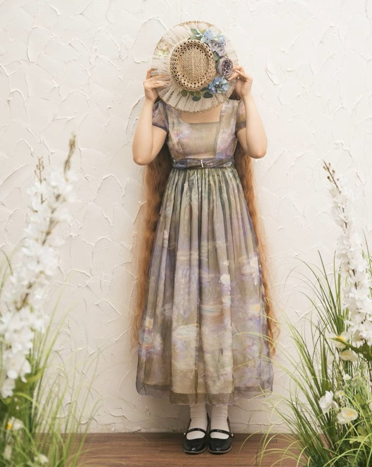 【予約販売】Elegance Greek 油彩画風プリントエンパイアワンピース フリルなし
