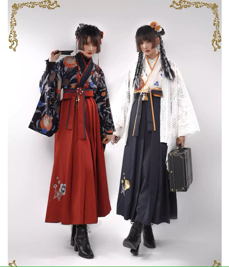 Camellia flower embroidery and butterfly hakama skirt