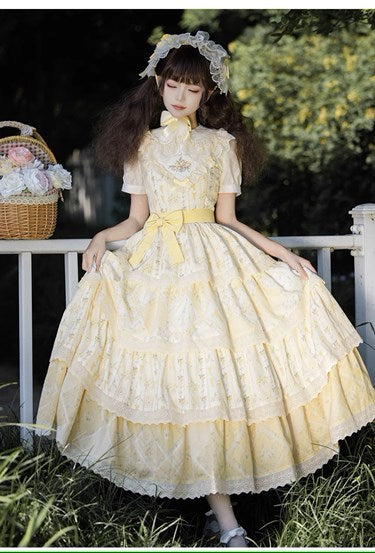 【予約販売】クリームイエローのフローラルジャンパースカート
