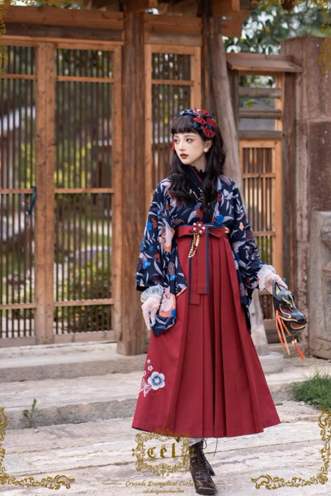 Camellia flower embroidery and butterfly hakama skirt