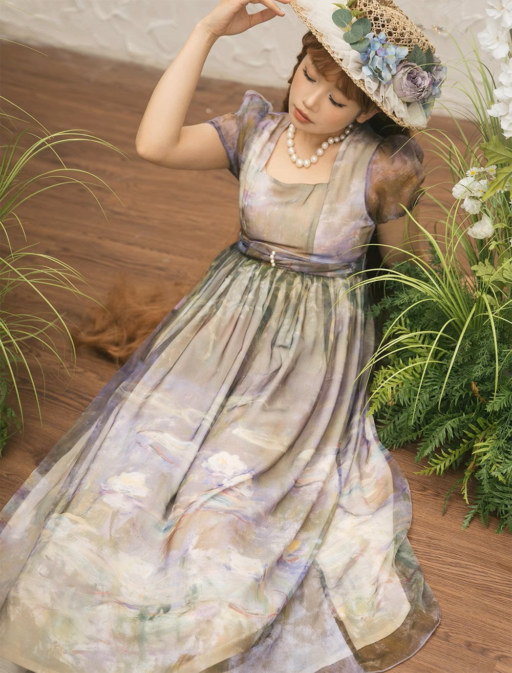 【予約販売】Elegance Greek 油彩画風プリントエンパイアワンピース フリルなし