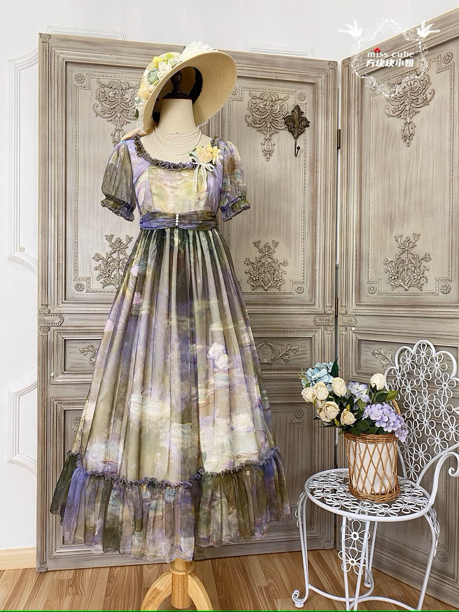 【予約販売】Elegance Greek 油彩画風プリントエンパイアワンピース フリルあり
