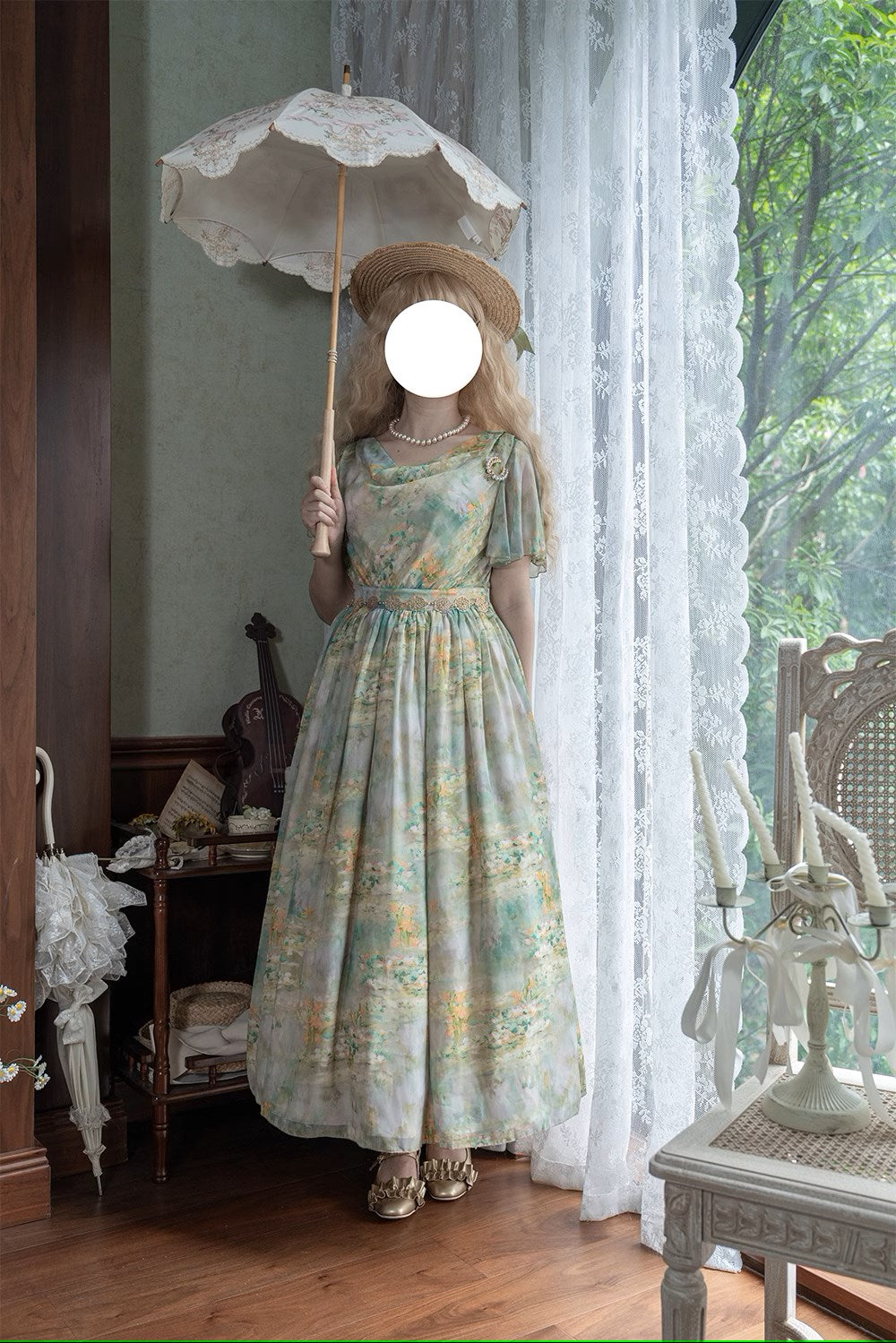 【予約販売】Elegance Greek 油彩画風プリントフレアスリーブジャンパースカート