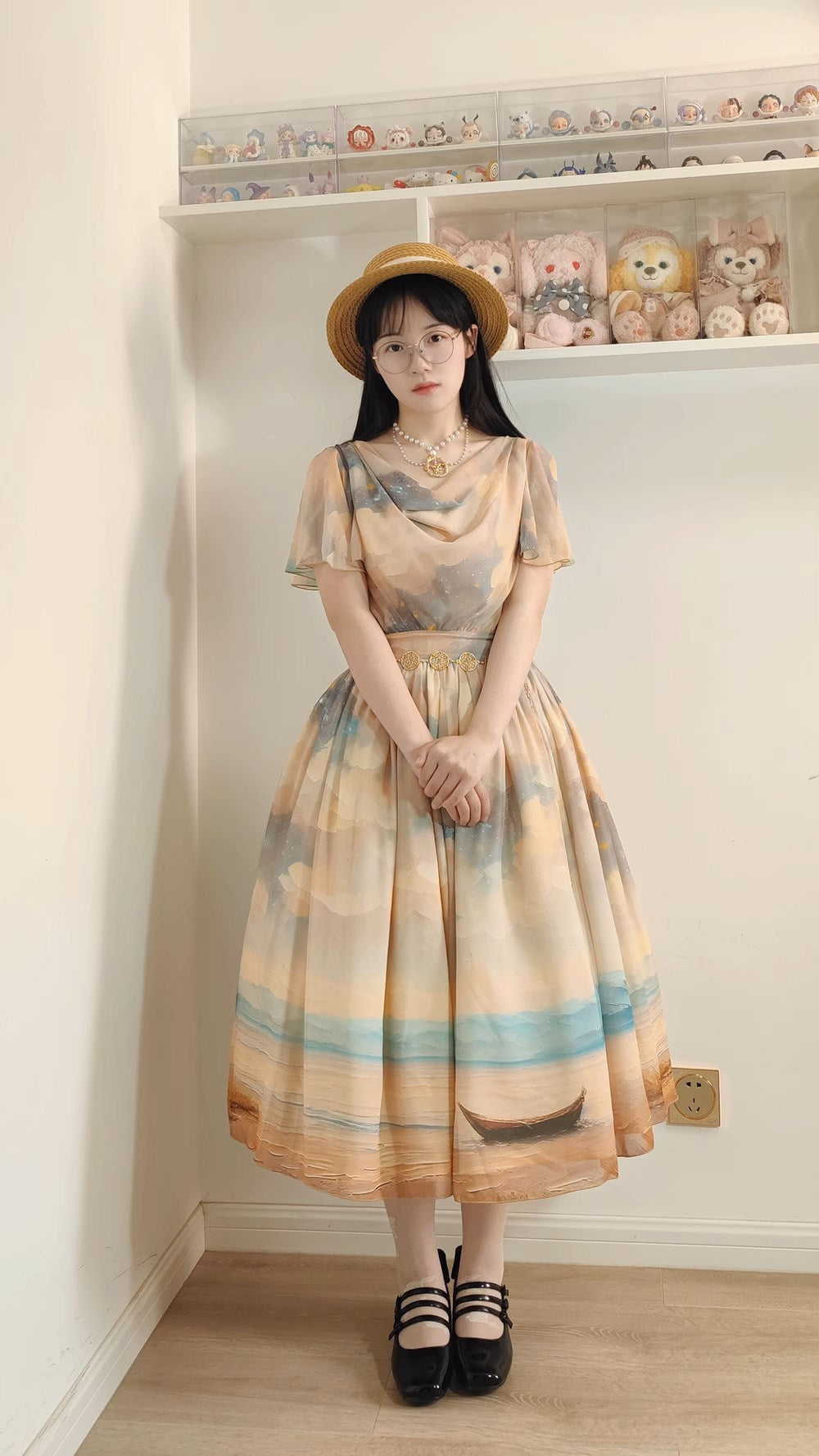 【予約販売】Elegance Greek 油彩画風プリントフレアスリーブジャンパースカート