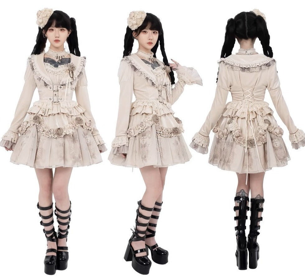 [Sale period ended] Rose Knight III Satin and organdy gothic dress [Champagne]