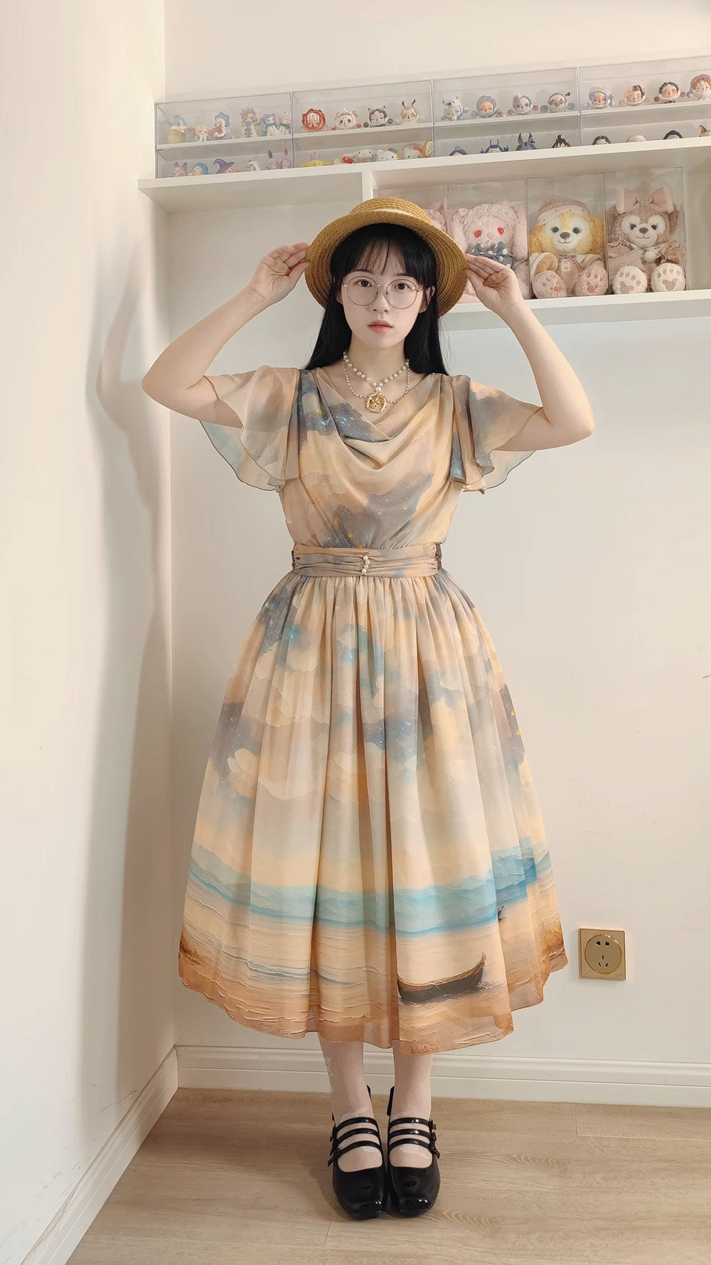 【予約販売】Elegance Greek 油彩画風プリントフレアスリーブジャンパースカート