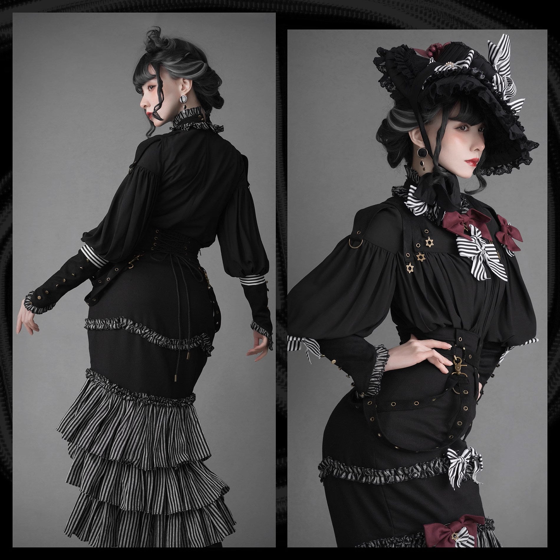 【予約販売】ブラック＆ストライプ レトロフィッシュテイルスカートとブラウス