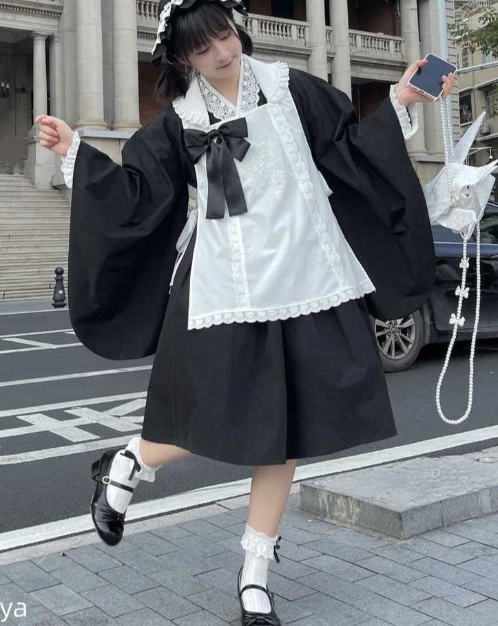 和風メイド エプロン付き着物風ドレス