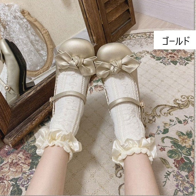 ロリィタ 靴 全8色 リボン付きストラップシューズ 4.5㎝ヒール