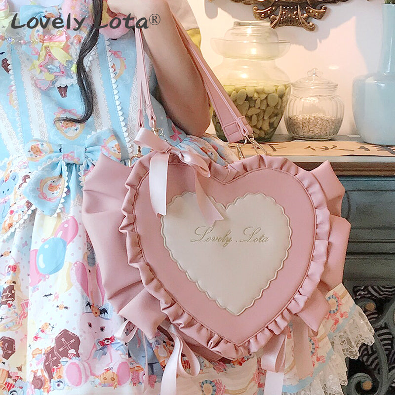 Large Heart Logo Embroidered Lolita Bag with Frill and Ribbon