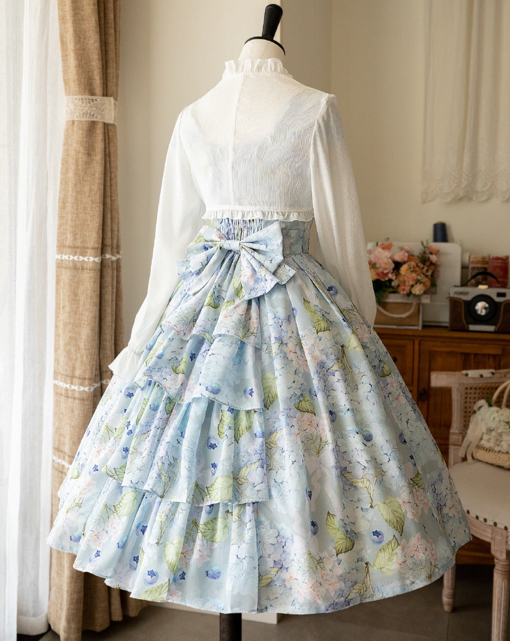 Hydrangea and blueberry French sleeve jumper skirt with ribbon hair accessory